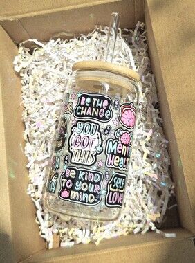 Motivational Mental Health Glass Tumbler with Straw - Pink/Black